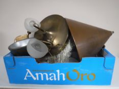 Two boxes of containing 20th century pendant light fittings, brass light fittings with brass shades,