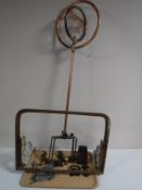 A cast iron Belfast sink wall bracket together with brass taps, door fittings, weight,