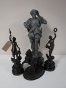 A pair of French spelter figures, together with two other spelter figures,