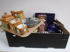 A box and tray of assorted china, collector's plates, cottage ware,