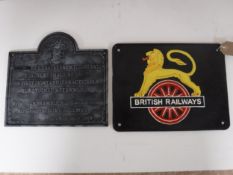 A cast iron British Railways plaque and a cast iron poacher's notice