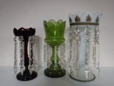 Three Victorian glass lustres with drops