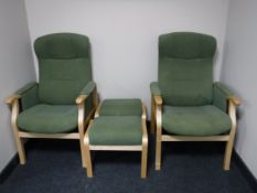 A pair of beech framed Nordic easy chairs with stools,
