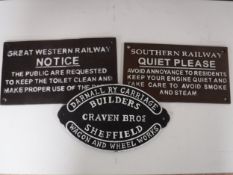 Two cast metal railway notices and a cast metal Darnall carriage sign