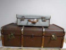 A vintage luggage case together with an early twentieth century wooden bound travelling trunk