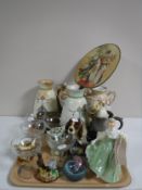 A tray of Royal Doulton figure - Fair lady HN2193, glass paperweight, Aynsley painted vase,
