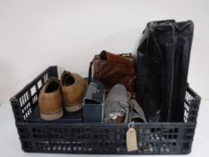 A box of three pairs of men's brogue's, vintage leather satchel,
