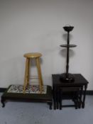 A nest of three oak tables together with an oak smokers stand,