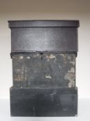 A leather wine box together with a sewing machine case and antique pine storage box