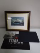Two Royal Mint issue five pound coins together with a framed Michael Powell print - HMS Titanic
