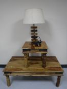 A mango wood rectangular coffee table together with matching lamp table and table lamp with shade