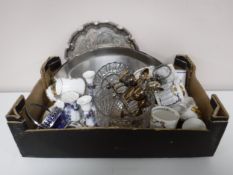 A box of assorted glass ware, commemorative mugs,