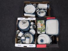 Three boxes of Wedgwood Blue Pacific dinner and cook ware