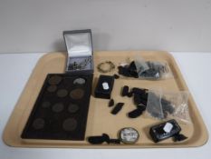 A tray of Whitby Jet, ebonised snuff boxes, Celtic necklace, Albert chain,