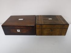 A Victorian inlaid walnut jewellery box and a Victorian rosewood jewellery box CONDITION