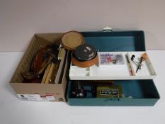 Two boxes of fishing equipment - fly making items, fly reel,