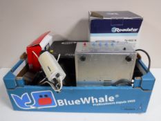 A box of Power inverter, Roadstar 5 inch portable TV, camera control unit, digital camera,