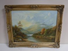Two pine framed oils - S Richardson and City sun scape by L Long and gilt framed oil depicting