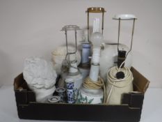 A Danish pottery pendant light shade and a box of assorted table lamp, chalk bust,