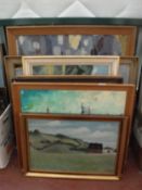 Nine framed continental school oils including landscapes, harbour scenes,