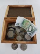 A trinket box containing assorted British coins including a Victoria 1890 silver crown,