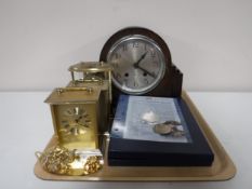 A tray of early 20th century oak cased mantel clock, three carriage clocks,
