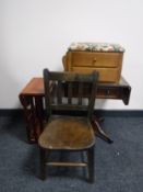 A mahogany leather topped pedestal sofa table together with an oak child's chair and sewing box