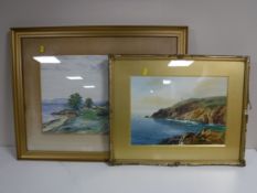 A gilt framed Bernard Cordes watercolour, Cottages by a Loch, dated 1927,