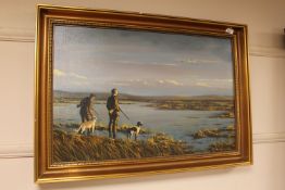 Ronald Wong : Two men duck flighting with their dogs, oil on canvas, signed, 49 cm x 75 cm, framed.