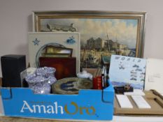 A box of blue and white storage jars, pottery wall panel, miniature cricket bat,