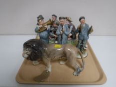 A tray of Melba ware lion figure together with four continental pottery figures;