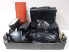 A box of cameras and camera equipment, pair of cased binoculars,