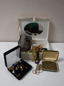 A box of costume jewellery and three pairs of 9ct gold earrings