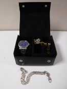A jewellery box containing a gents wristwatch,
