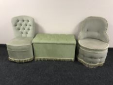 A green dralon storage blanket box together with two green dralon upholstered chairs