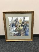 M. Turnbull : Unloading the days catch, watercolour, 39 cm x 39 cm, framed.