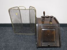 An Edwardian mahogany coal receiver with liner and shovel and a three way folding brass spark guard