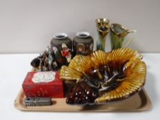 A tray of West German pottery, pair of Japanese Satsuma vases, metal figures, pottery bowl,