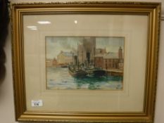 John Valentine : Fishing boats moored on North Shield fish quay, watercolour, signed, 17 cm x 25 cm,