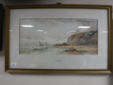 W. Heath, Fisherman by a rocky cove, watercolour, 53cm by 24cm.