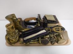 A tray of assorted brass ware - money box, horse brasses, etc together with crowns, trinket box,