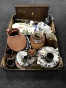 Two boxes of twin handled serving tray, barometer, pottery jugs and storage jars,