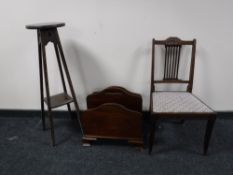 An antique mahogany bedroom chair (a/f) together with an Edwardian mahogany magazine rack and an