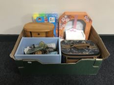 A box of assorted costume jewellery, loom bands, jewellery box together with a framed R.W.