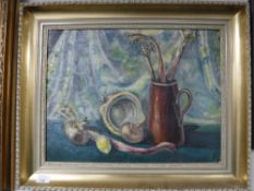 Liz Tyler (British Contemporary), still life of vegetables and pottery, oil on board, signed,