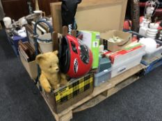 A large quantity of board games, chess set, onyx pieces, motor cycle helmet, teddy bear, sledge,