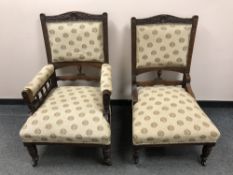 A pair of Edwardian lady's and gent's salon chairs.