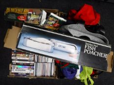 Two boxes of DVDs, CDs, big mouth Billy Bass, two flags,