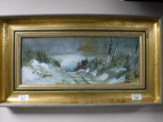 Nancie Foster (British Contemporary), sheep on a snowy, rural track, oil on board, signed,