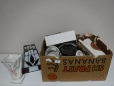 Two boxes of assorted dinner ware, tea plates, coffee pot, plated trophy, costume jewellery,